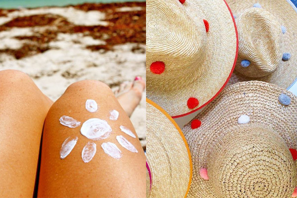 sunscreen on a person's knee and pile of sun hats