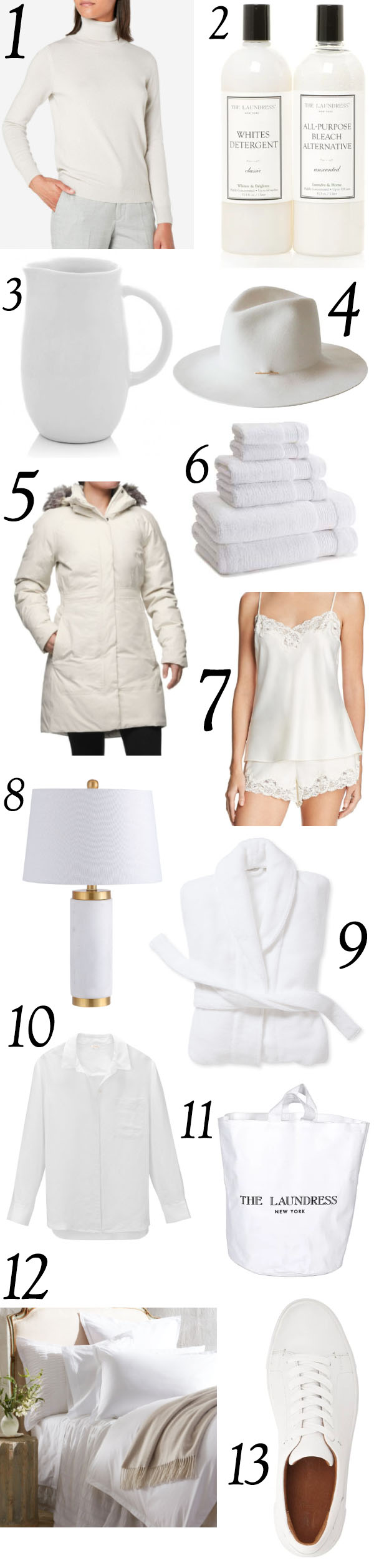 collage of white clothes, accessories and home goods