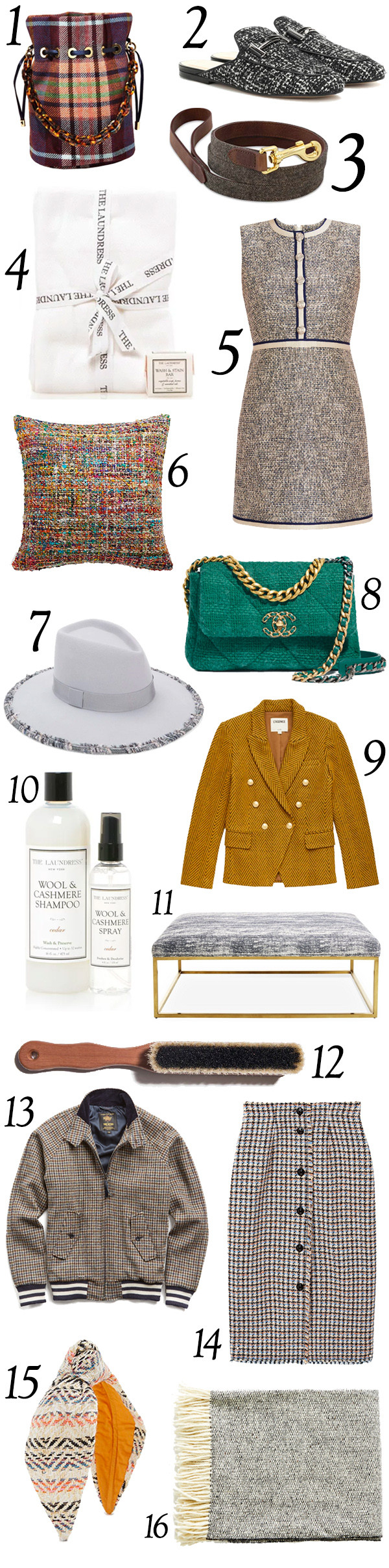 collage of tweed items